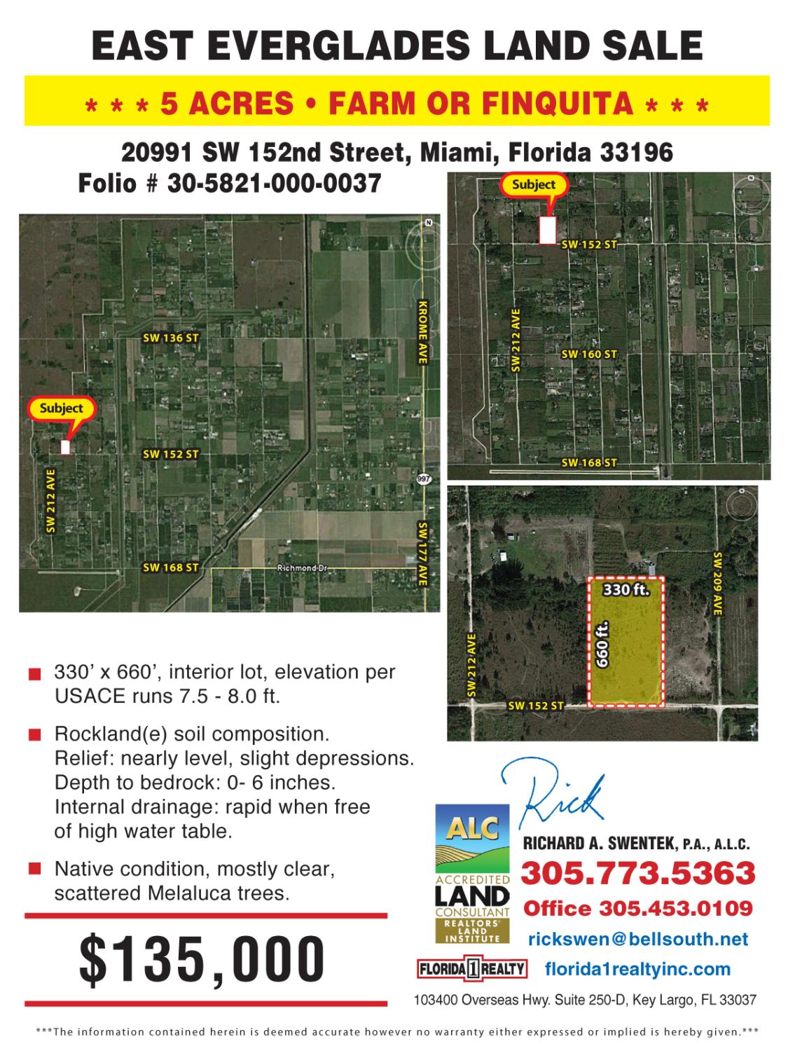 5 ACRES East Everglades=$89k