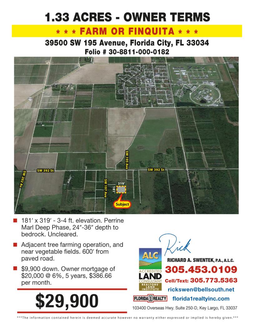 1.33 Acres in Homestead=Farm-Finquita=$29.9k