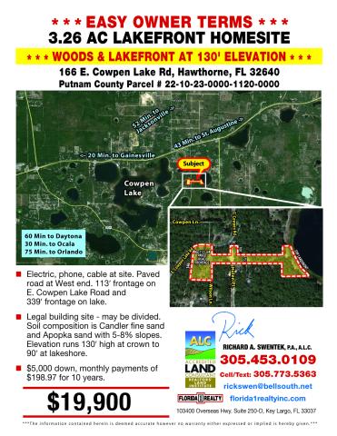 3.26 AC Lakefront=$5k down=woods=$19,900