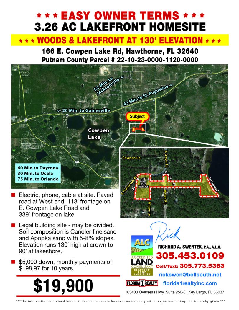 3.26 AC Lakefront=$5k down=woods=$19,900