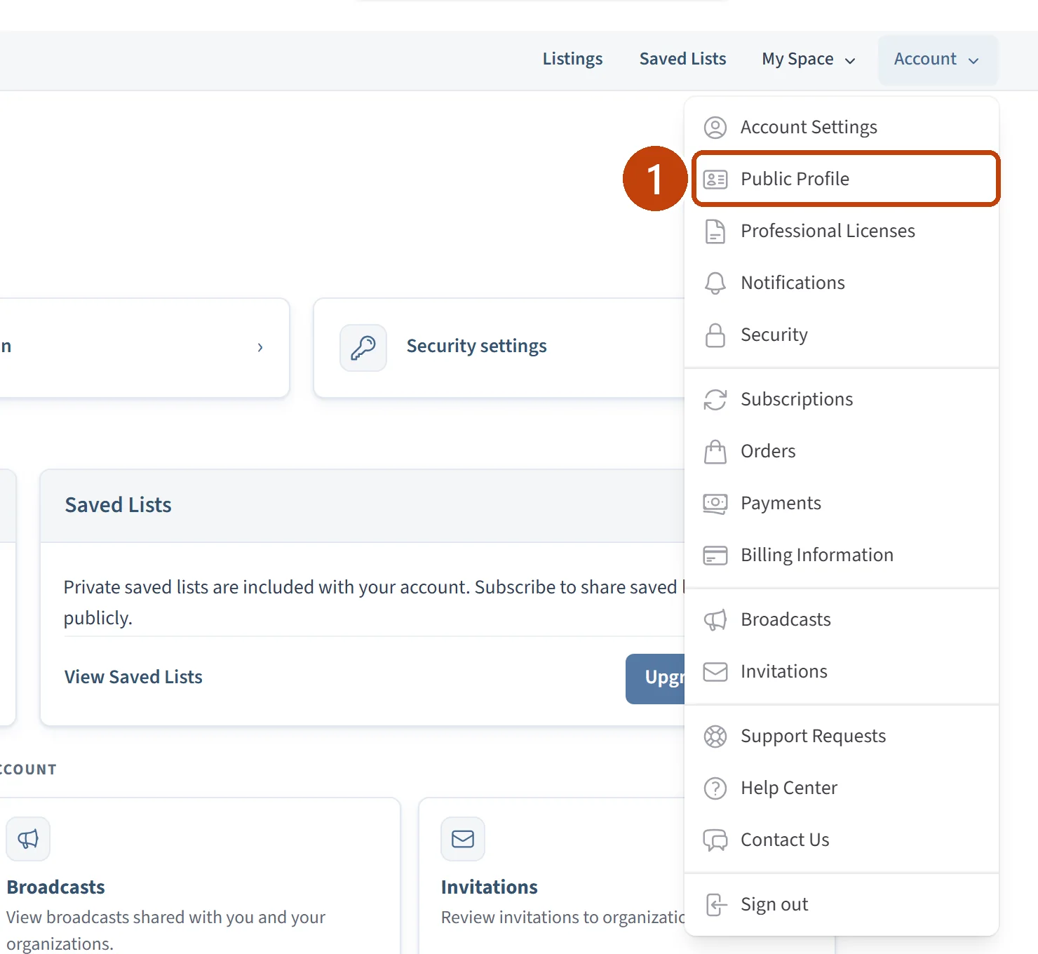 The Account menu open on the Dashboard with Public Profile marked.