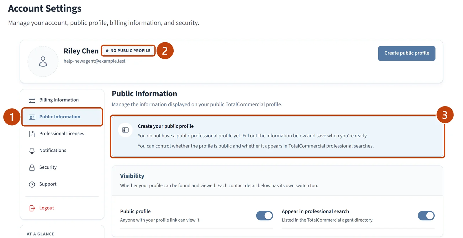 Account Settings showing the Public Information section, the No public profile badge, and the Create your public profile notice.