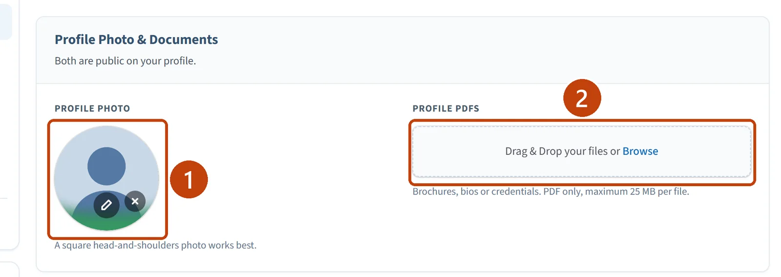 The Profile Photo and Documents section with an uploaded photo and the Profile PDFs upload area.