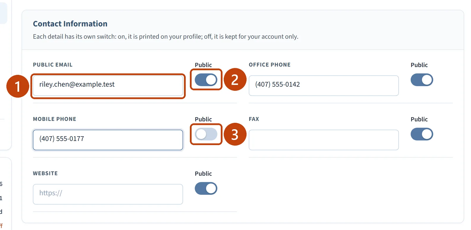 The Contact Information section with an email address and two phone numbers entered and the Public switches beside them.