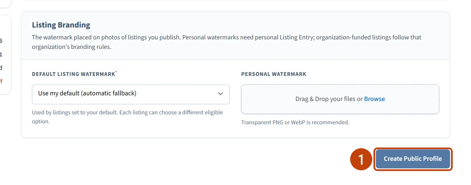 The bottom of the Public Information page with the Create Public Profile button marked.