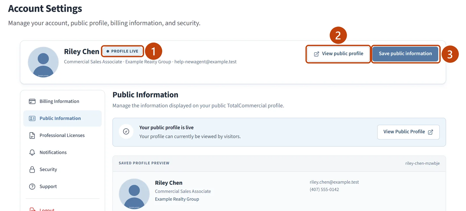 Account Settings after saving, showing the Profile live badge, the View public profile button, and the Save public information button.