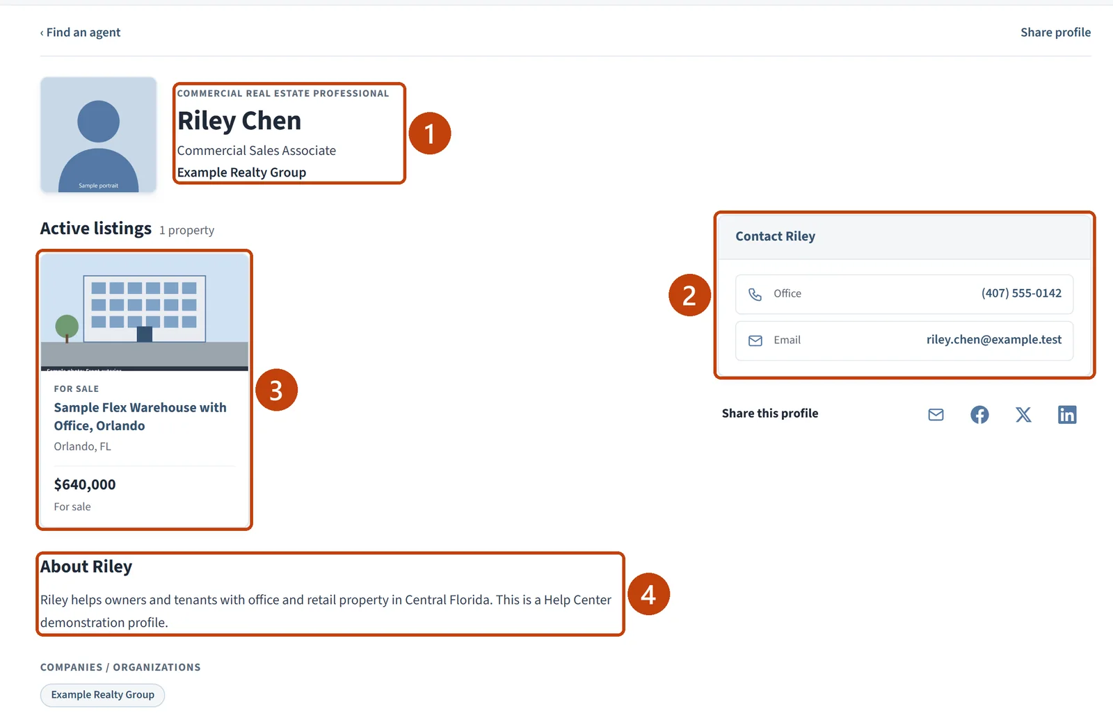 The public agent profile showing the name and title, contact details, an active listing, and the About text.