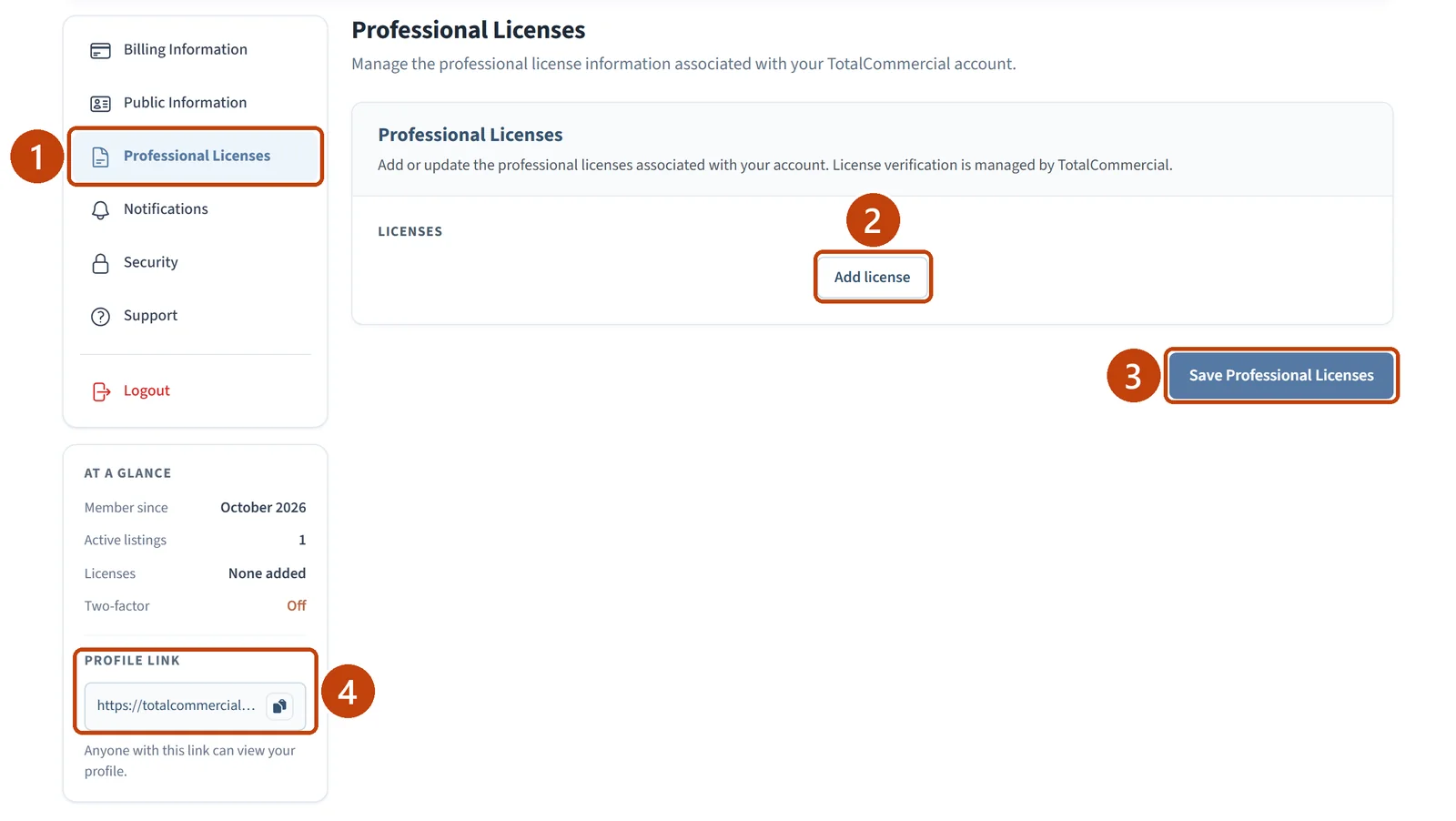 The Professional Licenses section with Add license and Save Professional Licenses marked, and the Profile link box in the side panel.